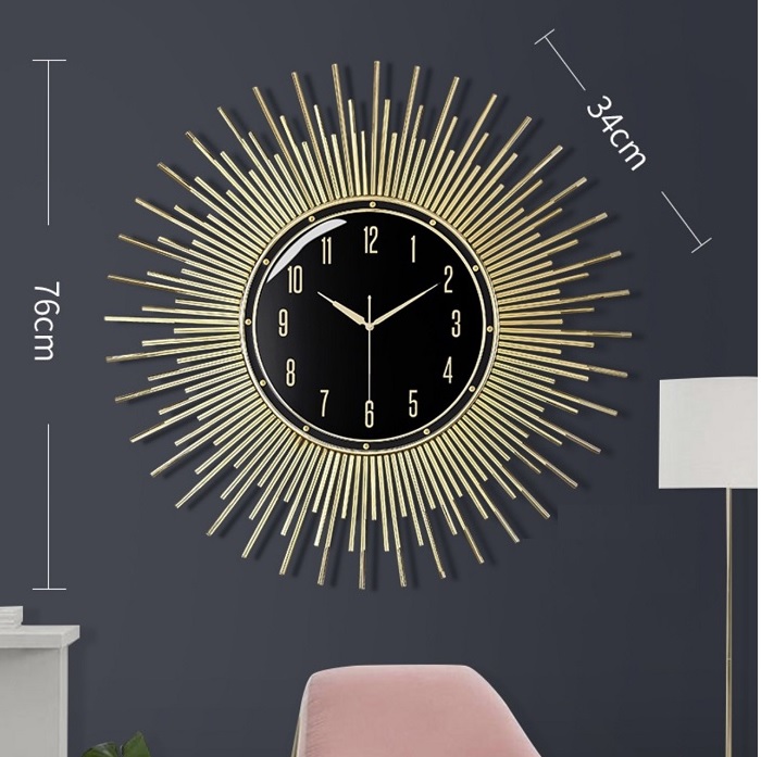 Đồng hồ treo tường tia mặt trời vàng mặt đen cao cấp